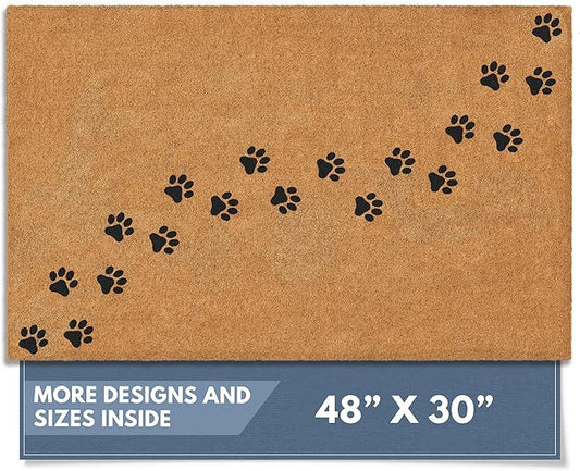 Barnyard Designs Natural Coco Coir Heavy Duty Backing Doormat - Large Cute Non-Slip Front Door Welcome Mat for Outside Entrance or Porch Entry, Brown (30x48, Paws)
