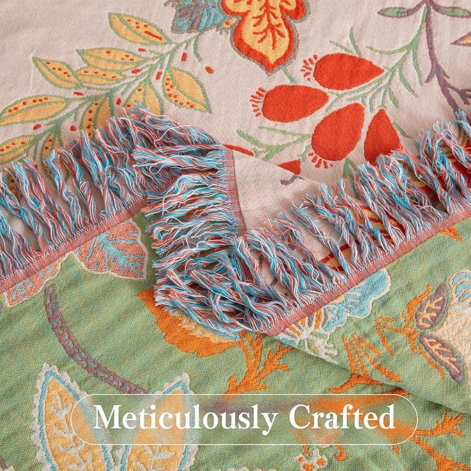 Boho Throw Blanket Queen Size, Soft Cozy Cotton Muslin Quilt Blanket for Bed Decor, Floral Patterned Couch Sofa Chair Cover, Vintage Farmhouse Cottage Tapestry Woven Blanket, Coral&Green